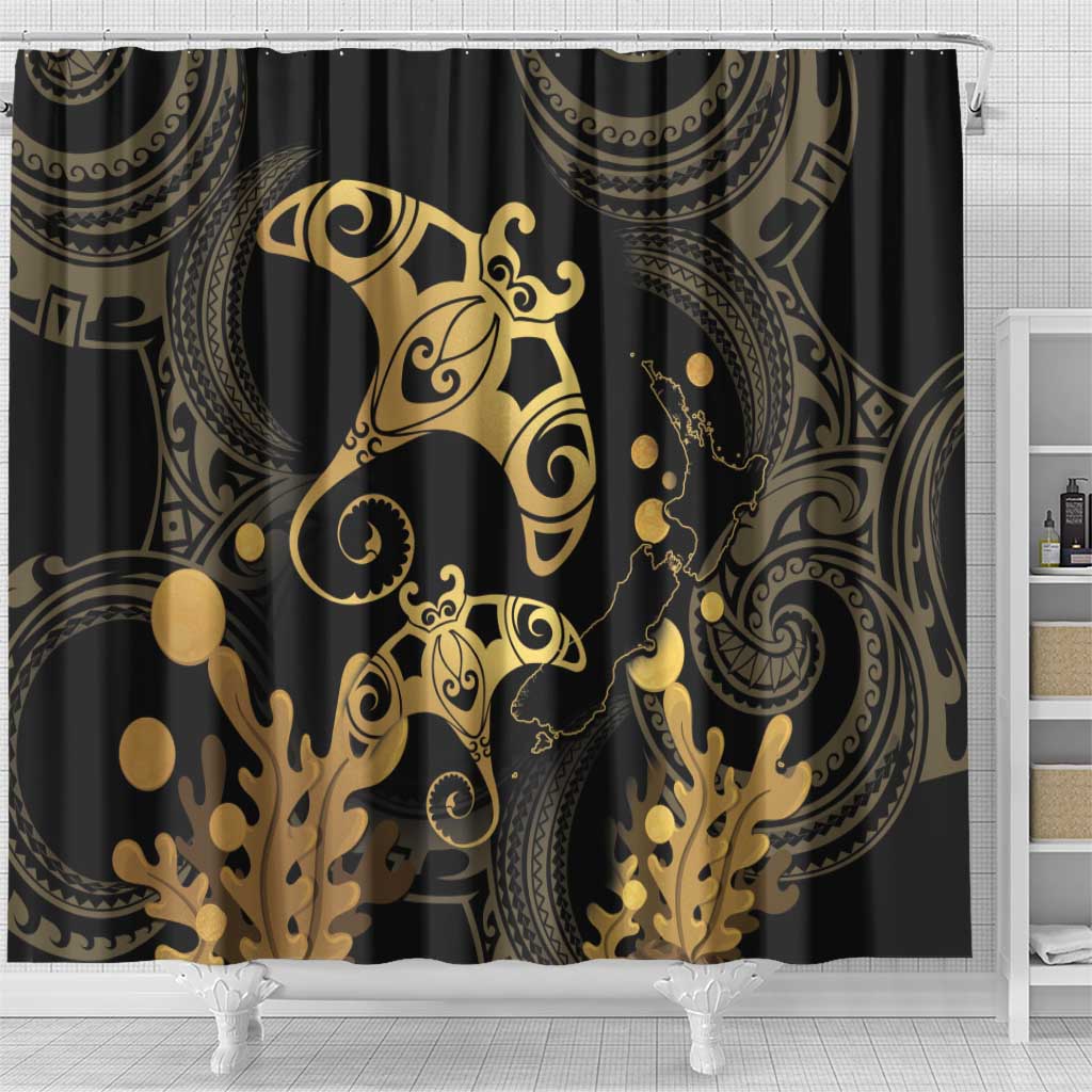 Black And Gold Aotearoa Whai Shower Curtain NZ Stingrays Maori Curves Style LT14 - Polynesian Pride
