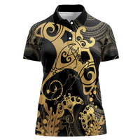 Black And Gold Aotearoa Whai Women Polo Shirt NZ Stingrays Maori Curves Style LT14 Female Gold - Polynesian Pride