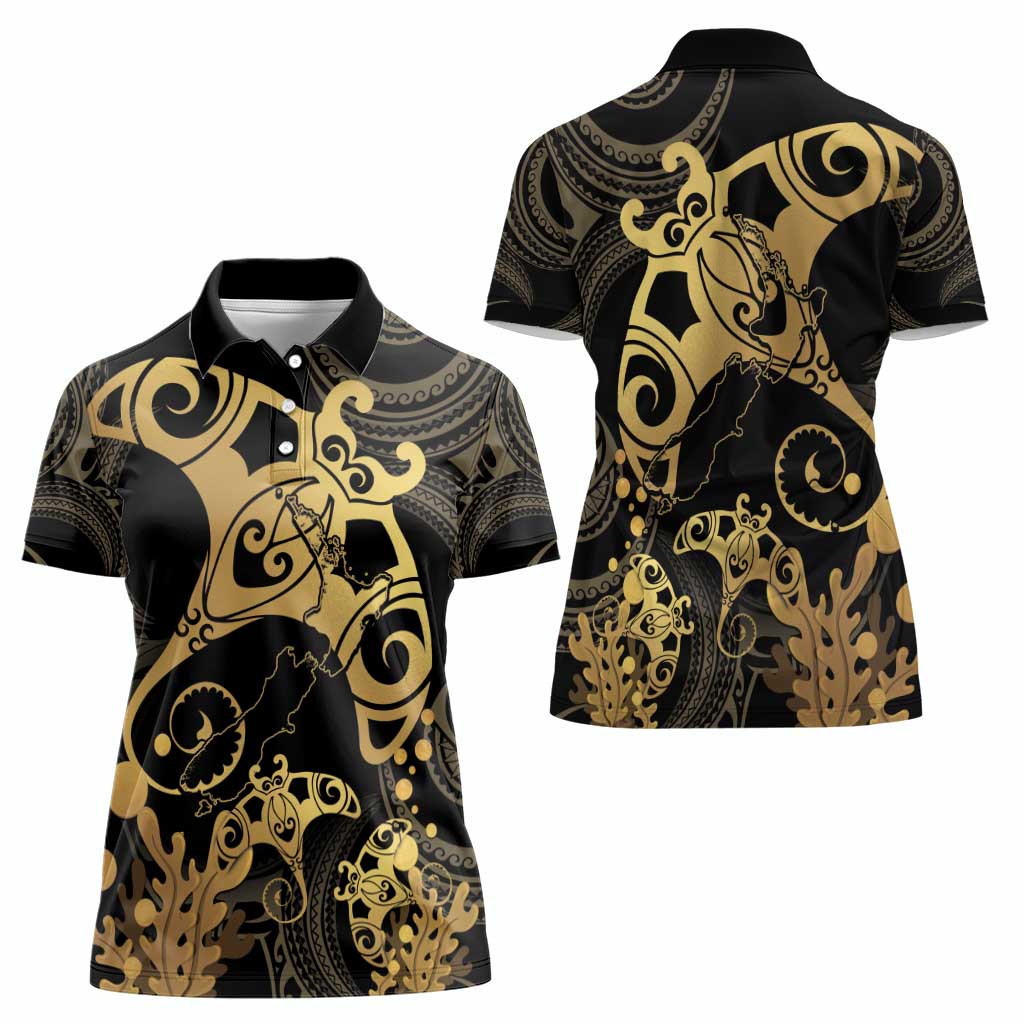 Black And Gold Aotearoa Whai Women Polo Shirt NZ Stingrays Maori Curves Style LT14 - Polynesian Pride