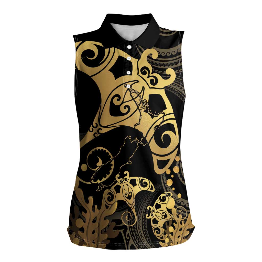 Black And Gold Aotearoa Whai Women Sleeveless Polo Shirt NZ Stingrays Maori Curves Style