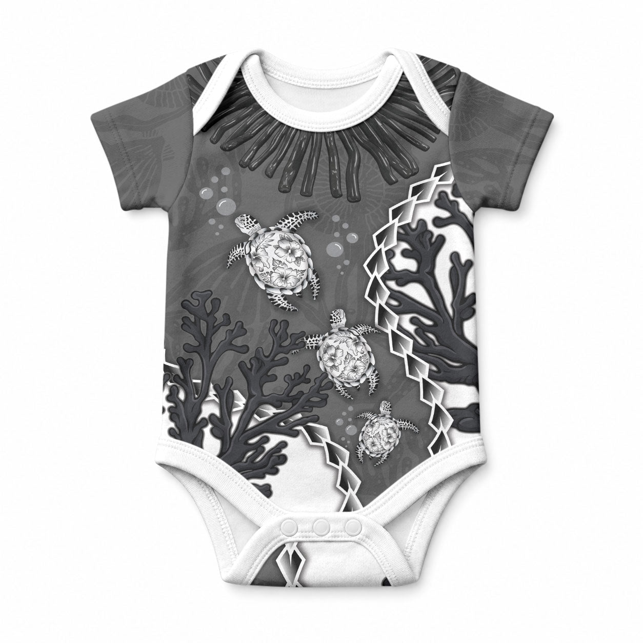 Personalized Black Coral Hawaii Baby Onesie Ekaha Ku Moana Honu Sea Turtle LT14 Gray - Polynesian Pride