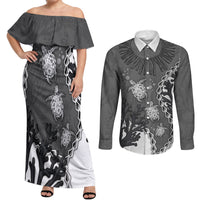 Personalized Black Coral Hawaii Couples Matching Off Shoulder Maxi Dress and Long Sleeve Button Shirt Ekaha Ku Moana Honu Sea Turtle LT14 Gray - Polynesian Pride