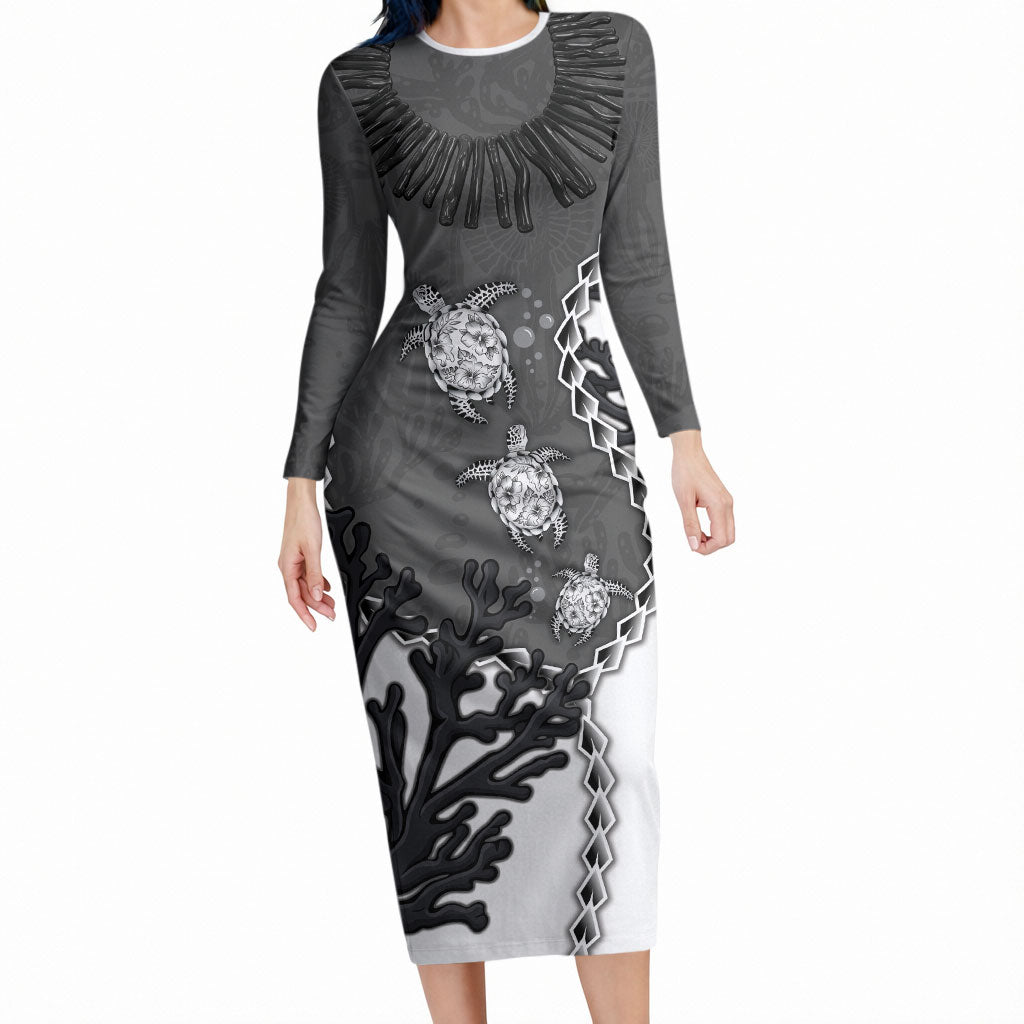 Personalized Black Coral Hawaii Long Sleeve Bodycon Dress Ekaha Ku Moana Honu Sea Turtle LT14 Long Dress Gray - Polynesian Pride