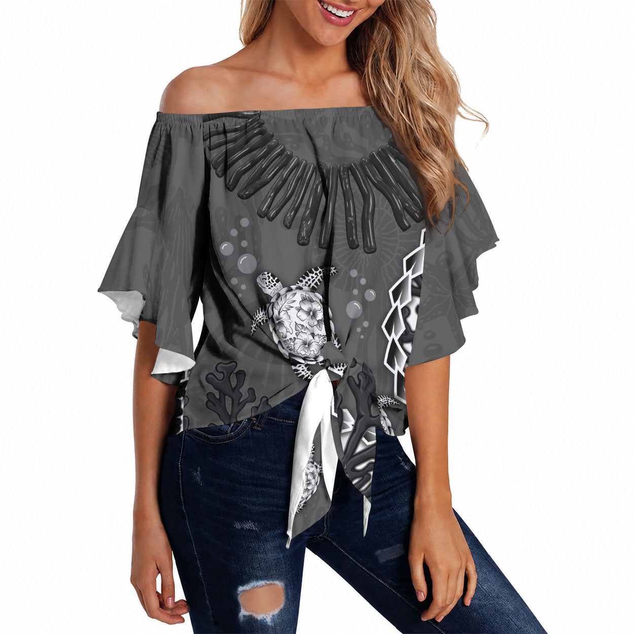 Personalized Black Coral Hawaii Off Shoulder Wrap Waist Top Ekaha Ku Moana Honu Sea Turtle LT14 Gray - Polynesian Pride