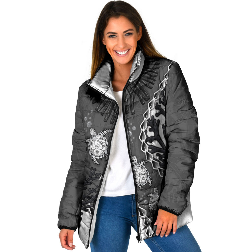 Personalized Black Coral Hawaii Padded Jacket Ekaha Ku Moana Honu Sea Turtle LT14 Women Gray - Polynesian Pride