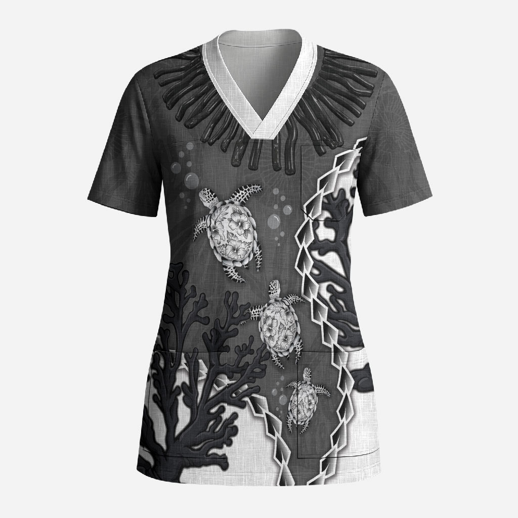 Personalized Black Coral Hawaii Scrub Top Ekaha Ku Moana Honu Sea Turtle LT14 Adult Gray - Polynesian Pride