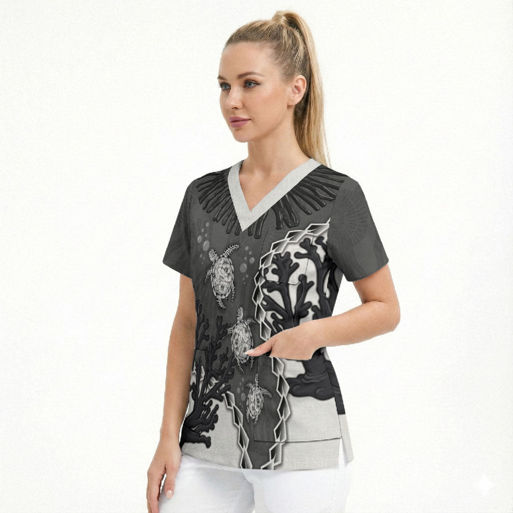 Personalized Black Coral Hawaii Scrub Top Ekaha Ku Moana Honu Sea Turtle LT14 - Polynesian Pride