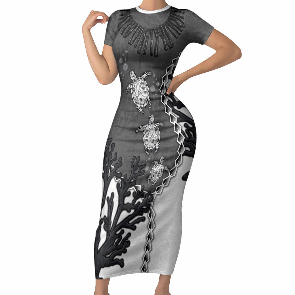 Personalized Black Coral Hawaii Short Sleeve Bodycon Dress Ekaha Ku Moana Honu Sea Turtle LT14 Long Dress Gray - Polynesian Pride