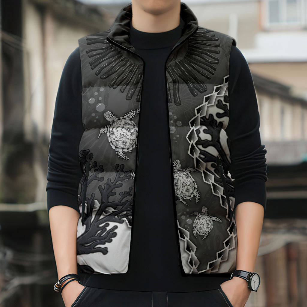 Personalized Black Coral Hawaii Sleeveless Puffer Jacket Ekaha Ku Moana Honu Sea Turtle LT14 - Polynesian Pride