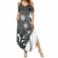Personalized Black Coral Hawaii Summer Maxi Dress Ekaha Ku Moana Honu Sea Turtle LT14 Women Gray - Polynesian Pride