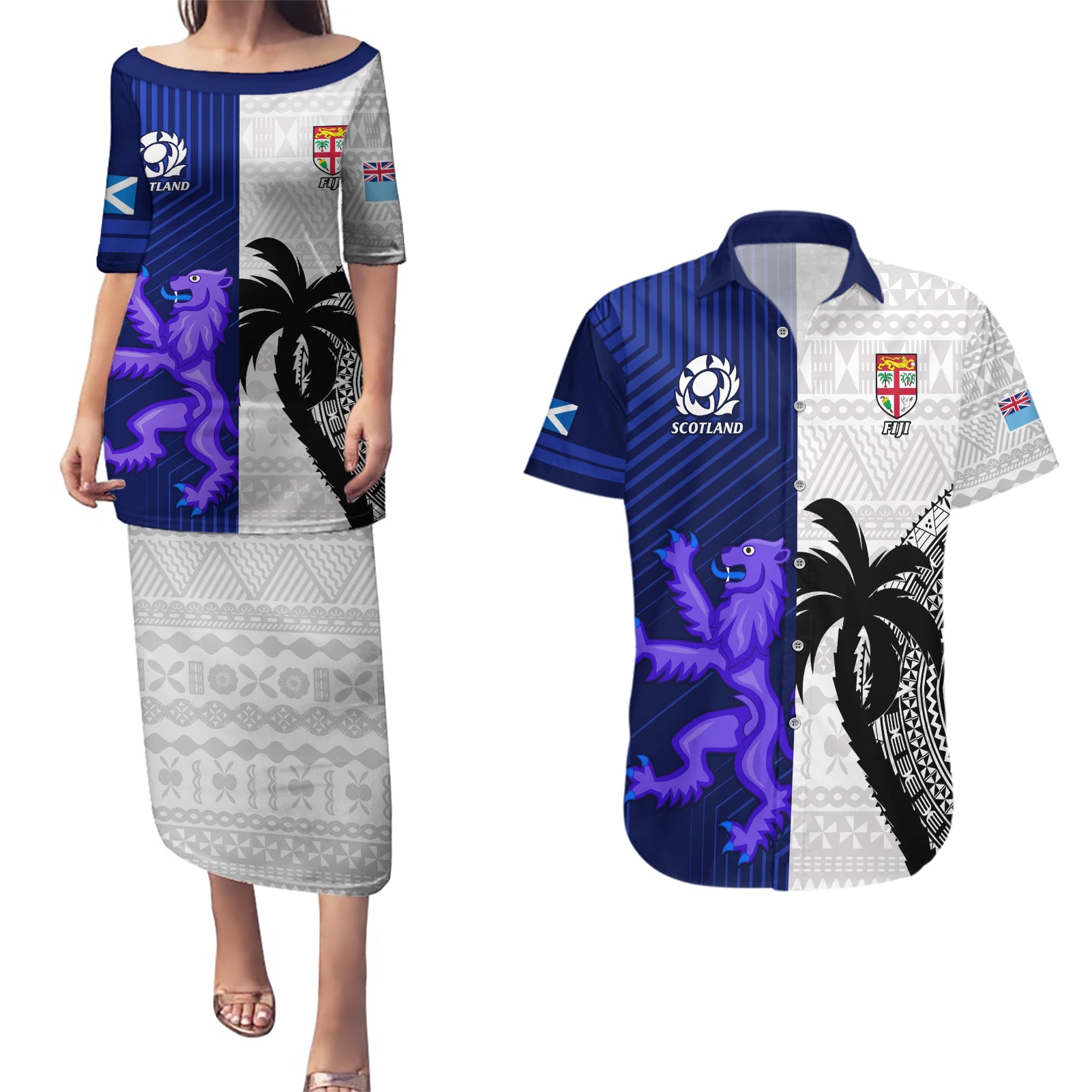 Fiji And Scotland Rugby Couples Matching Puletasi Dress and Hawaiian Shirt Fijian Tapa Pattern With Thistle LT14 Blue - Polynesian Pride