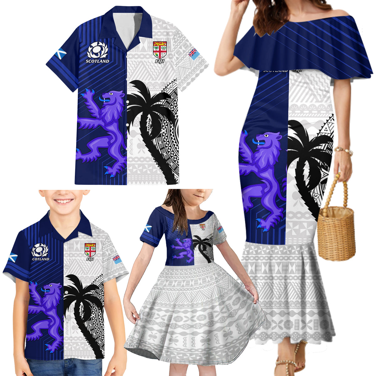 Fiji And Scotland Rugby Family Matching Mermaid Dress and Hawaiian Shirt Fijian Tapa Pattern With Thistle LT14 - Polynesian Pride