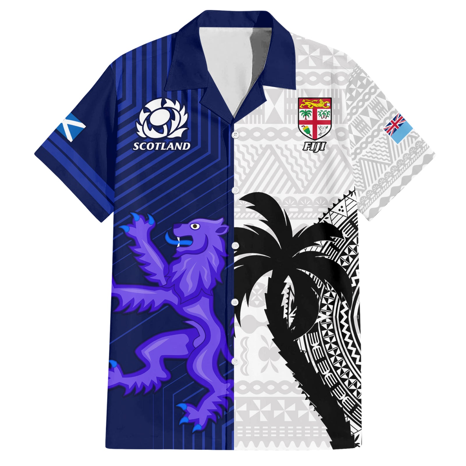 Fiji And Scotland Rugby Hawaiian Shirt Fijian Tapa Pattern With Thistle LT14 Blue - Polynesian Pride