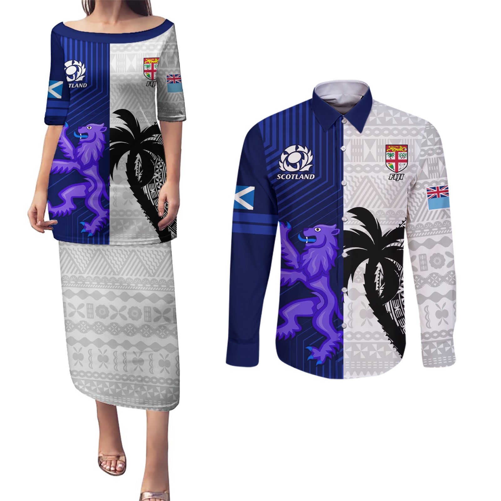 Custom Fiji And Scotland Rugby Couples Matching Puletasi Dress and Long Sleeve Button Shirts Fijian Tapa Pattern With Thistle LT14 Blue - Polynesian Pride