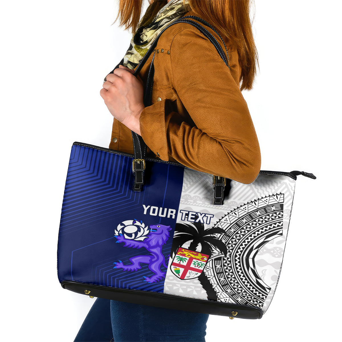 Custom Fiji And Scotland Rugby Leather Tote Bag Fijian Tapa Pattern With Thistle LT14 Blue - Polynesian Pride