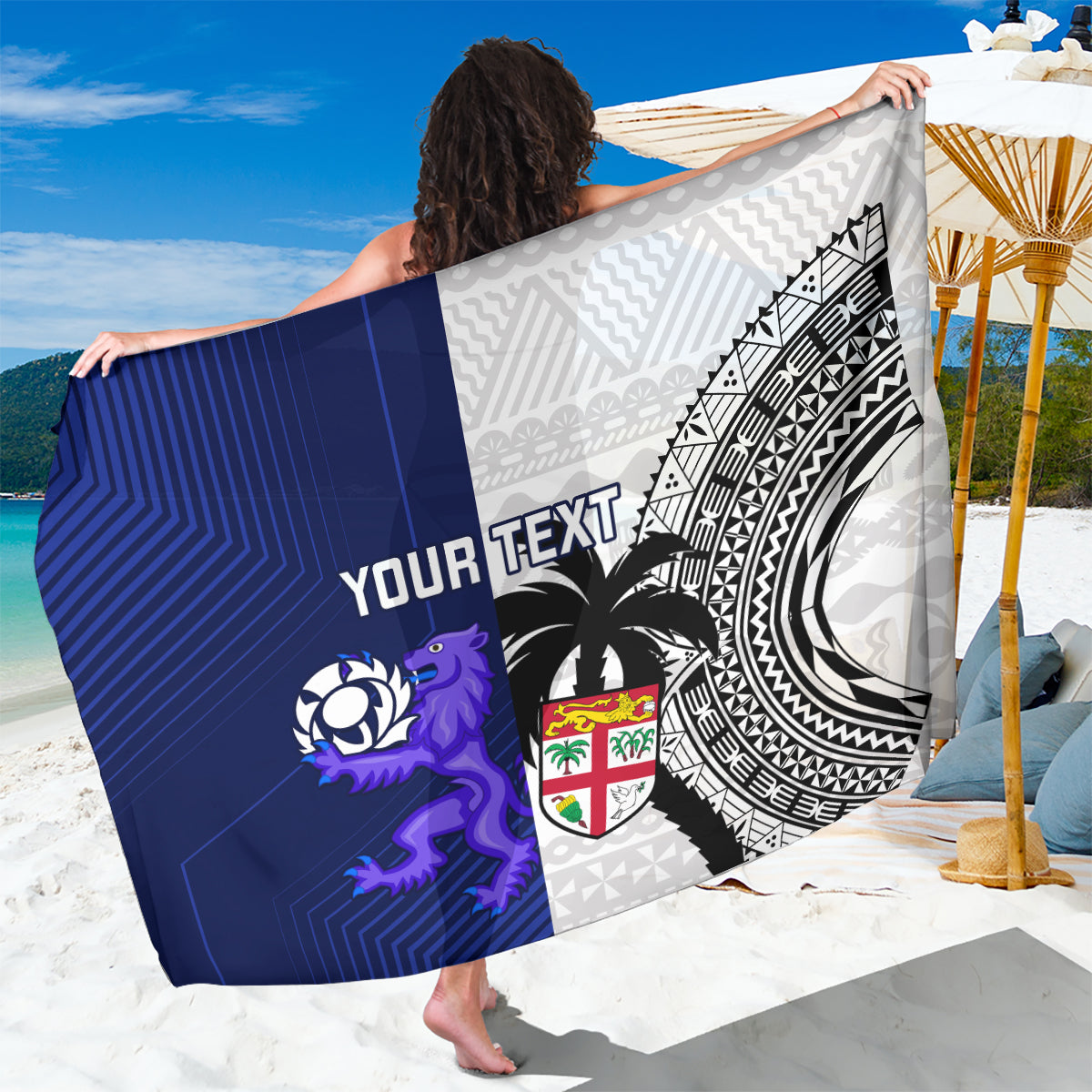 Custom Fiji And Scotland Rugby Sarong Fijian Tapa Pattern With Thistle LT14 One Size 44 x 66 inches Blue - Polynesian Pride