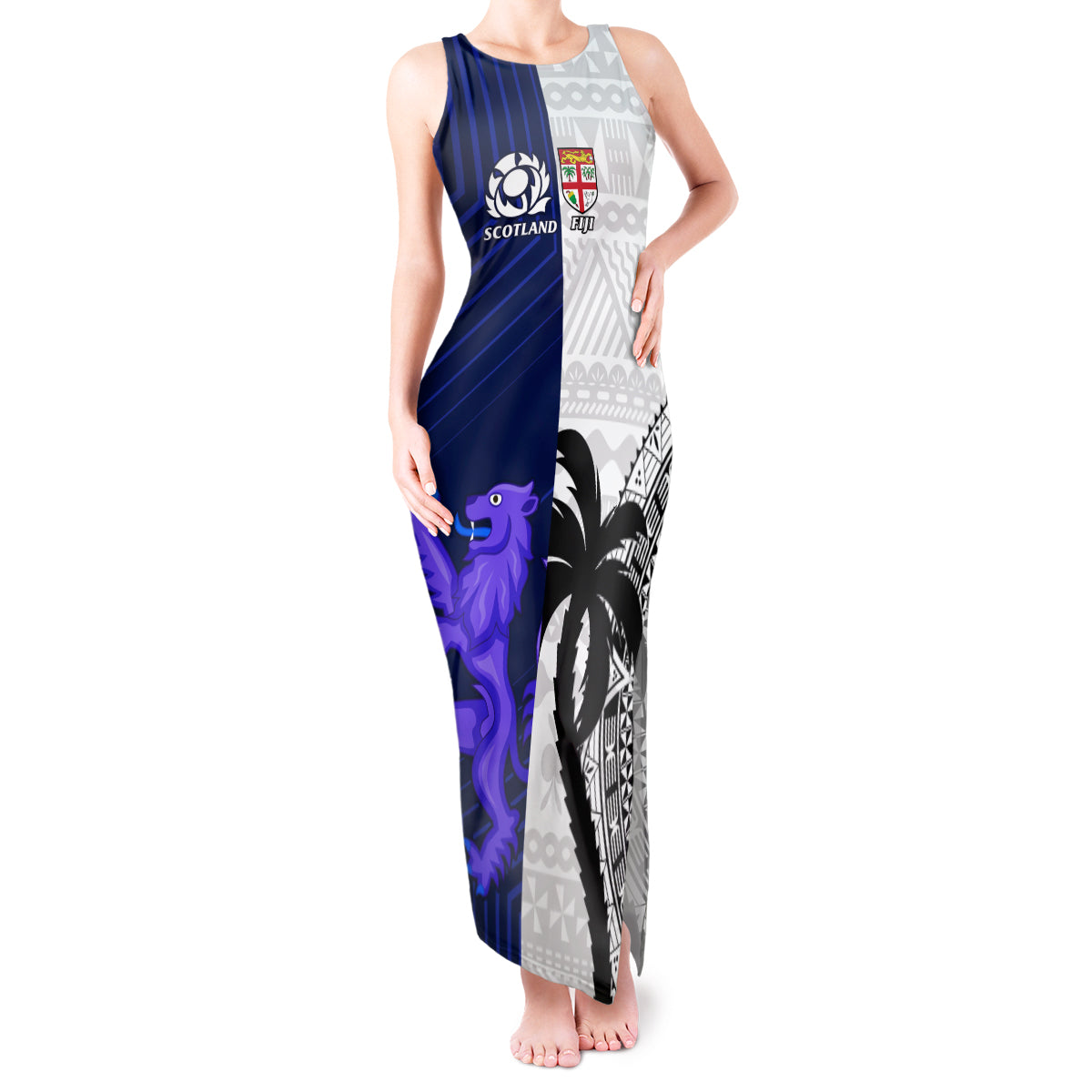 Custom Fiji And Scotland Rugby Tank Maxi Dress Fijian Tapa Pattern With Thistle LT14 Women Blue - Polynesian Pride