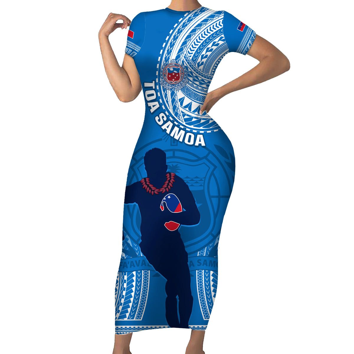 Custom Samoa Rugby Short Sleeve Bodycon Dress Pacific 2023 Go Toa Samoa LT14 Long Dress Blue - Polynesian Pride