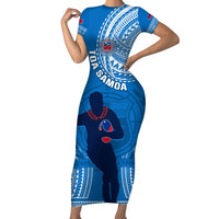 Custom Samoa Rugby Short Sleeve Bodycon Dress Pacific 2023 Go Toa Samoa LT14 Long Dress Blue - Polynesian Pride