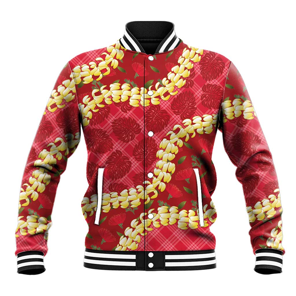 Red Palaka Hawaii Mele Kalikimaka Baseball Jacket Ohia Lehua Monstera Puakenikeni Lei LT14 Unisex Red - Polynesian Pride