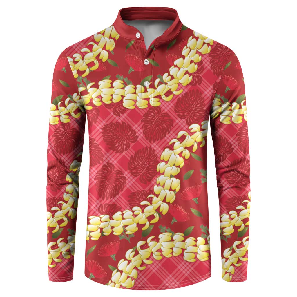 Red Palaka Hawaii Mele Kalikimaka Button Sweatshirt Ohia Lehua Monstera Puakenikeni Lei LT14 Red - Polynesian Pride