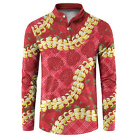 Red Palaka Hawaii Mele Kalikimaka Button Sweatshirt Ohia Lehua Monstera Puakenikeni Lei LT14 Red - Polynesian Pride