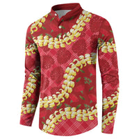 Red Palaka Hawaii Mele Kalikimaka Button Sweatshirt Ohia Lehua Monstera Puakenikeni Lei LT14 - Polynesian Pride