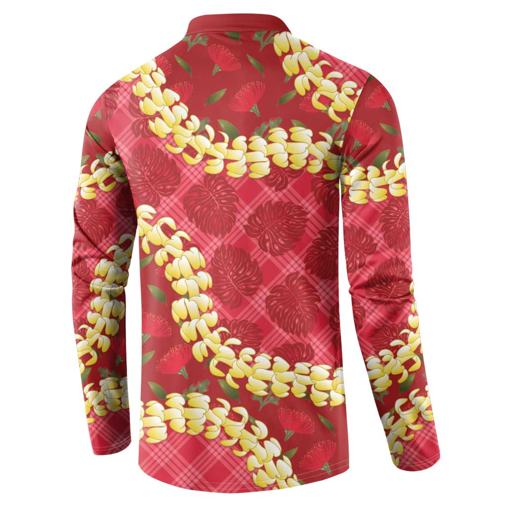 Red Palaka Hawaii Mele Kalikimaka Button Sweatshirt Ohia Lehua Monstera Puakenikeni Lei LT14 - Polynesian Pride