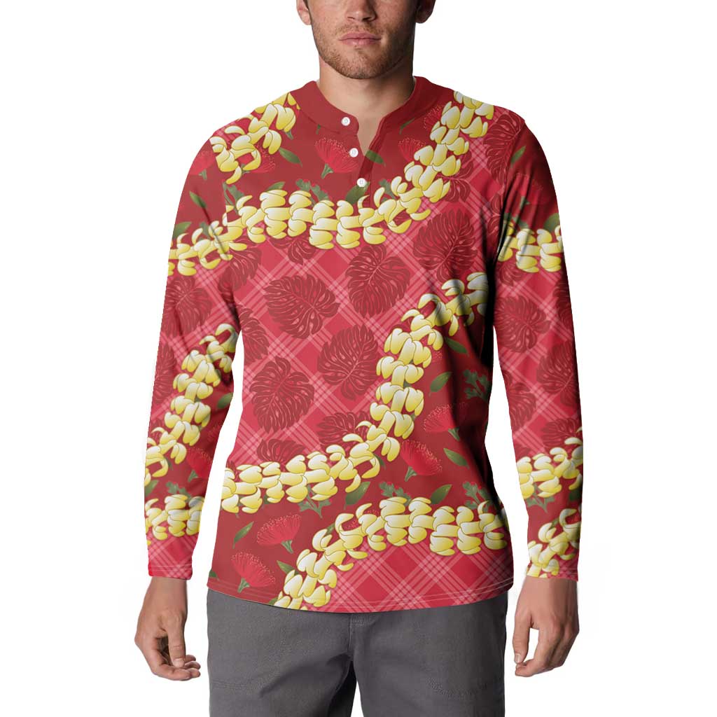 Red Palaka Hawaii Mele Kalikimaka Button Sweatshirt Ohia Lehua Monstera Puakenikeni Lei LT14 - Polynesian Pride