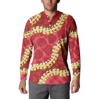 Red Palaka Hawaii Mele Kalikimaka Button Sweatshirt Ohia Lehua Monstera Puakenikeni Lei LT14 - Polynesian Pride