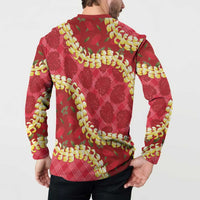Red Palaka Hawaii Mele Kalikimaka Button Sweatshirt Ohia Lehua Monstera Puakenikeni Lei LT14 - Polynesian Pride