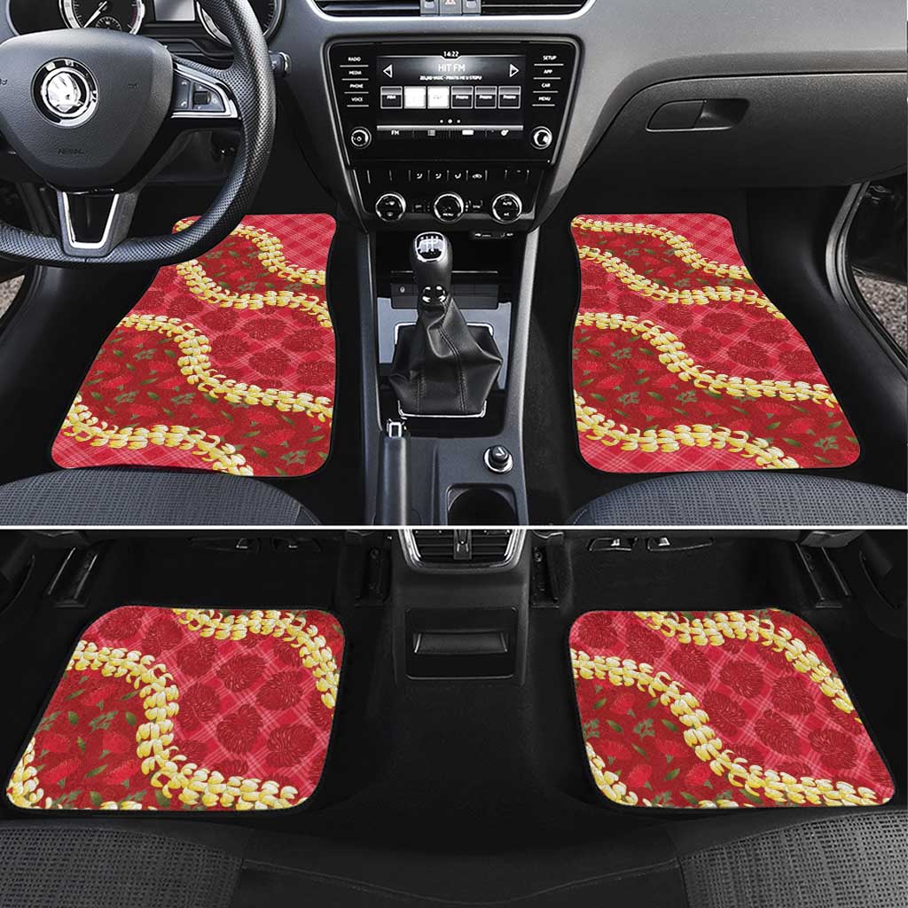 Red Palaka Hawaii Mele Kalikimaka Car Mats Ohia Lehua Monstera Puakenikeni Lei LT14 Set 4pcs Red - Polynesian Pride