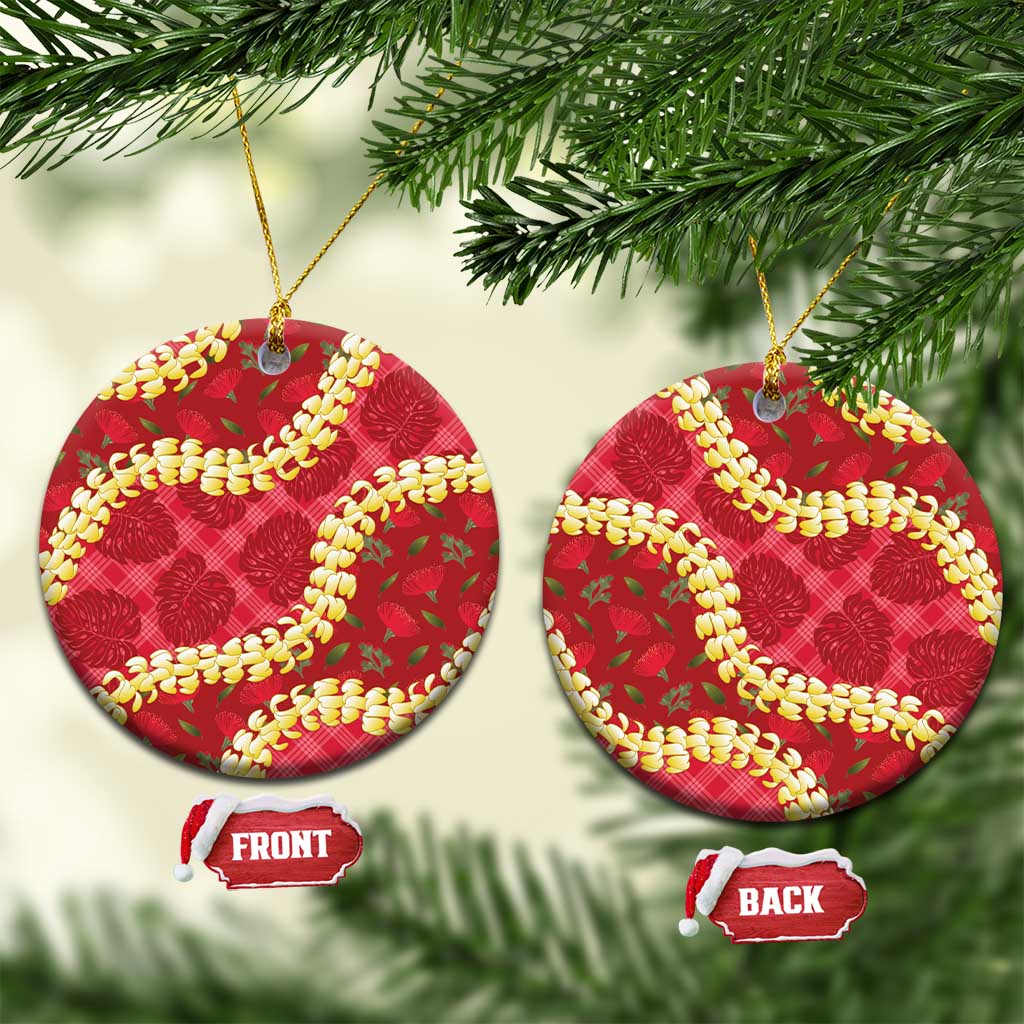Red Palaka Hawaii Mele Kalikimaka Ceramic Ornament Ohia Lehua Monstera Puakenikeni Lei LT14 Circle Red - Polynesian Pride