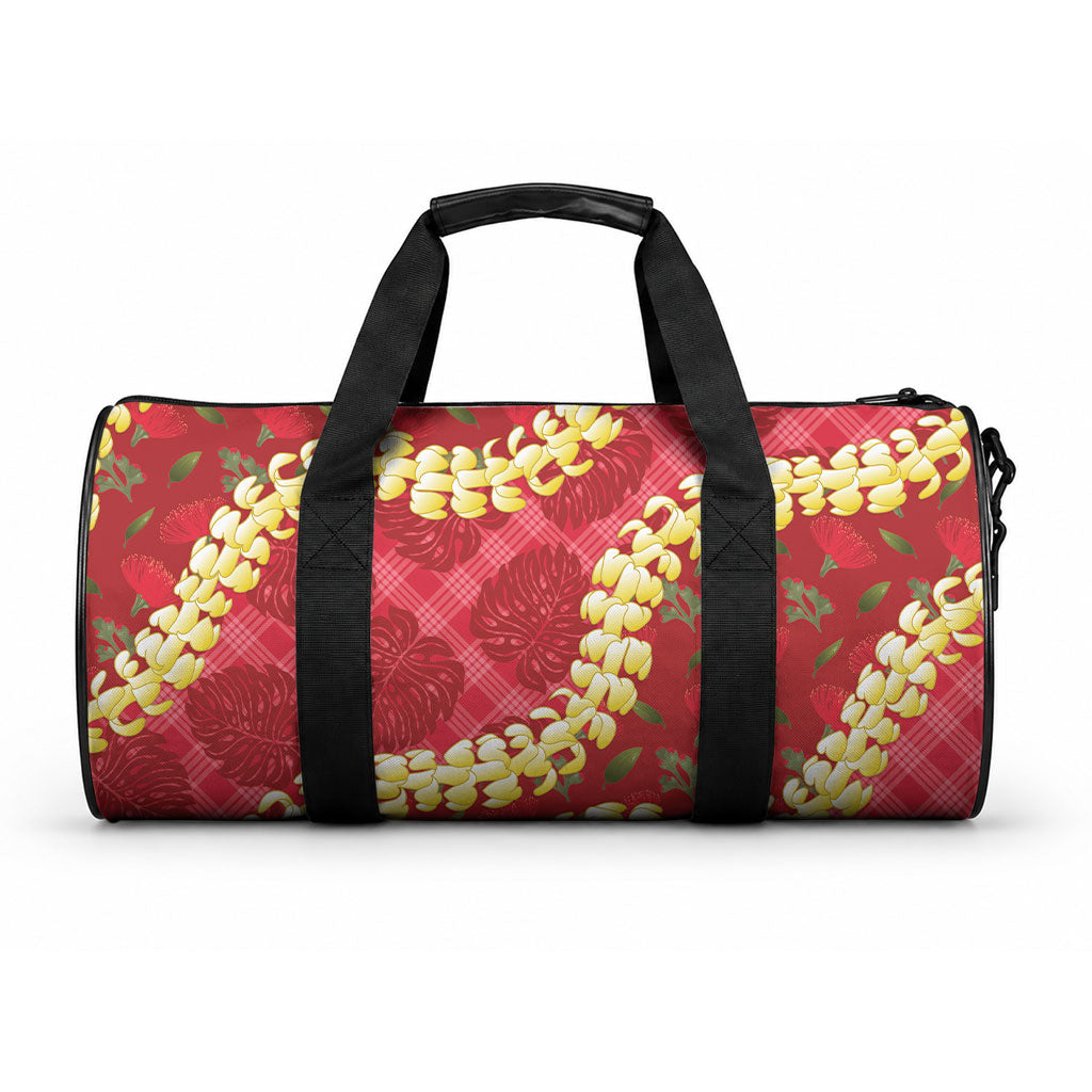 Red Palaka Hawaii Mele Kalikimaka Duffle Bag Ohia Lehua Monstera Puakenikeni Lei