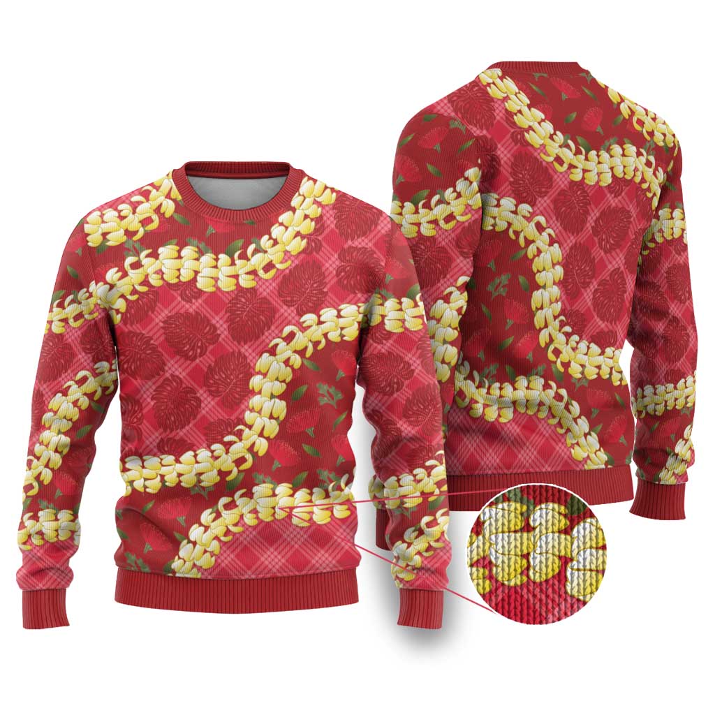 Red Palaka Hawaii Mele Kalikimaka Ugly Christmas Sweater Ohia Lehua Monstera Puakenikeni Lei LT14 Red - Polynesian Pride