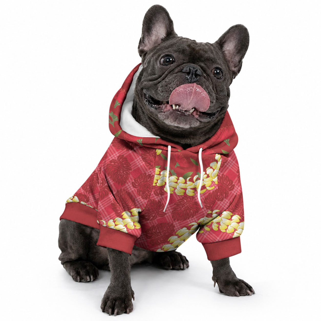 Red Palaka Hawaii Mele Kalikimaka Pet Hoodie Ohia Lehua Monstera Puakenikeni Lei