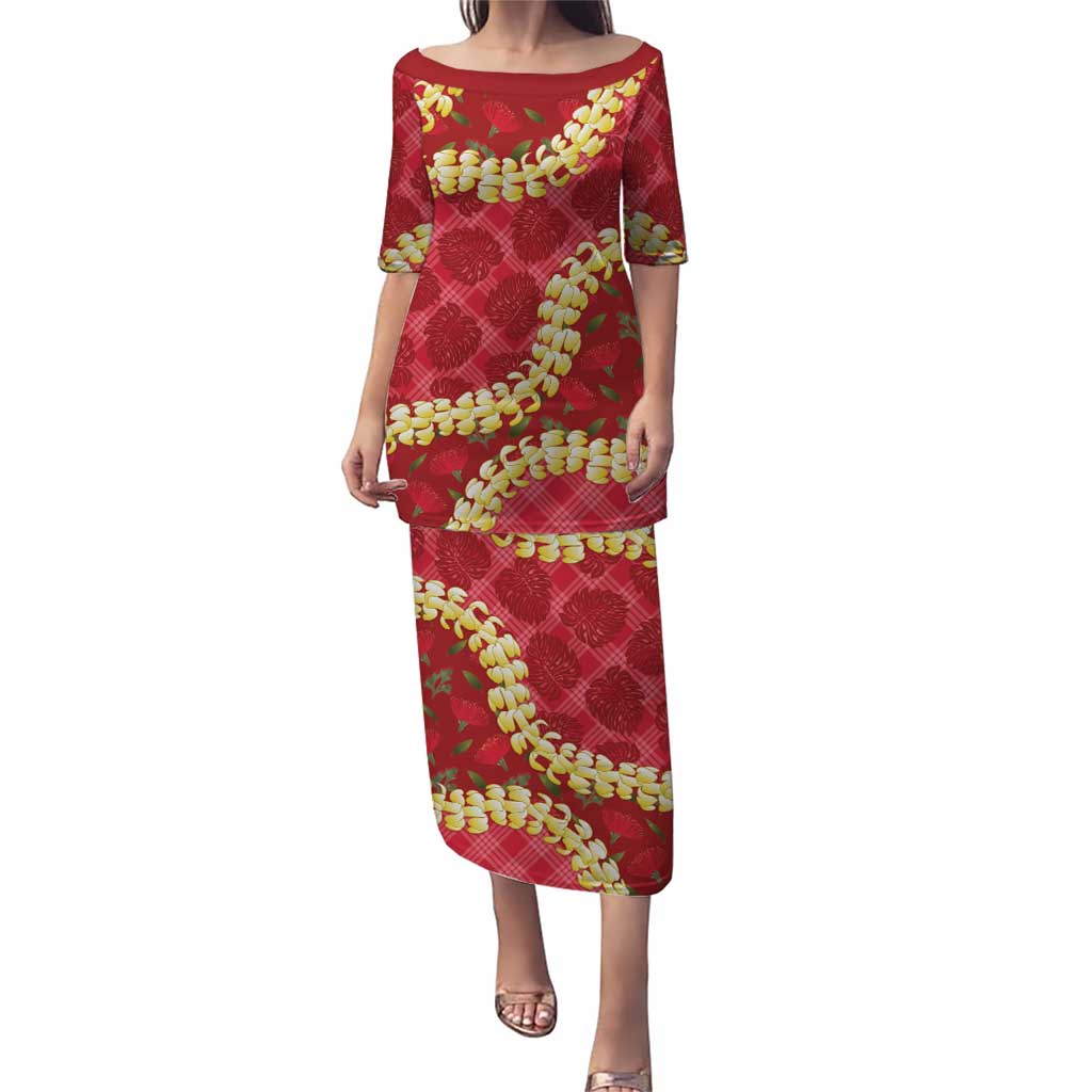 Red Palaka Hawaii Mele Kalikimaka Puletasi Ohia Lehua Monstera Puakenikeni Lei LT14 Long Dress Red - Polynesian Pride