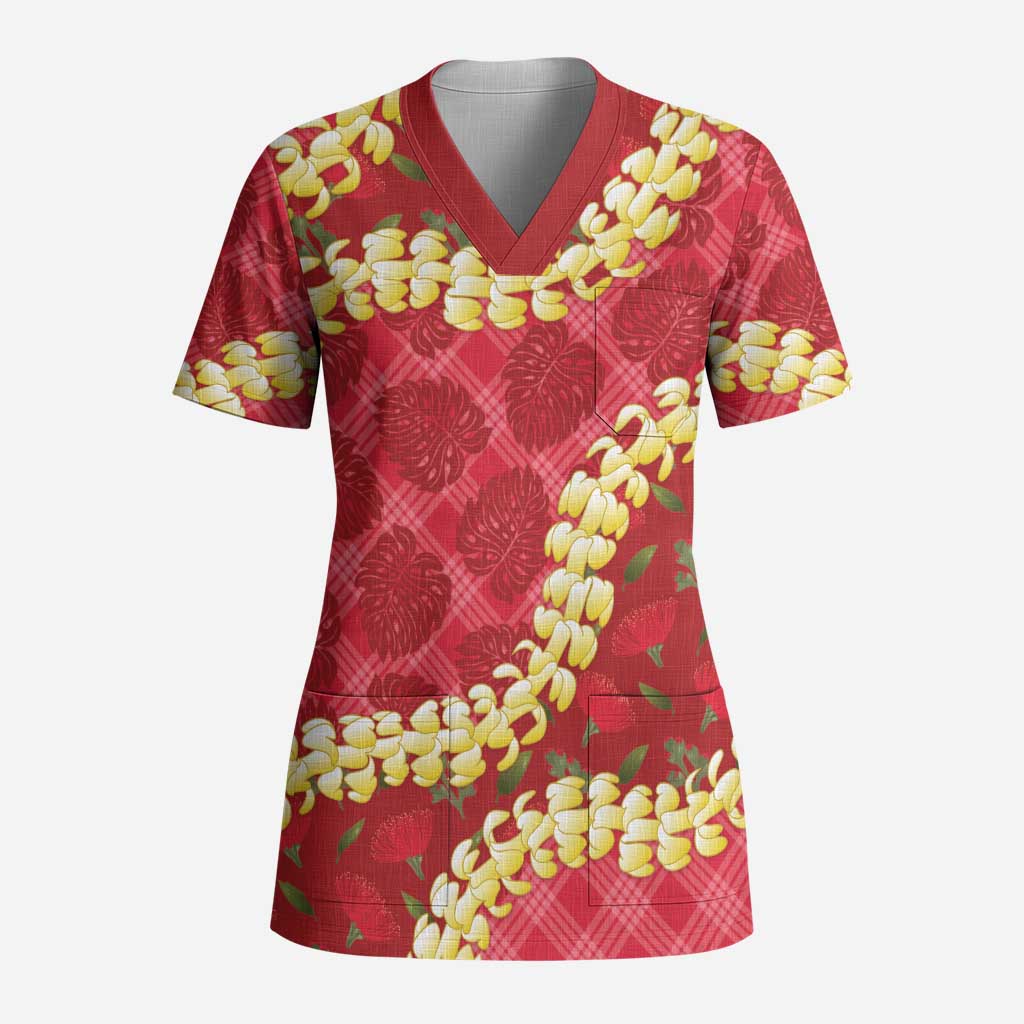 Red Palaka Hawaii Mele Kalikimaka Scrub Top Ohia Lehua Monstera Puakenikeni Lei LT14 Adult Red - Polynesian Pride
