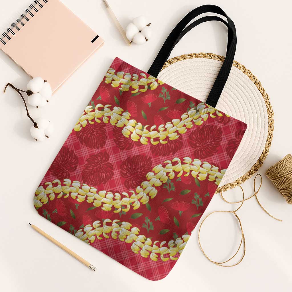 Red Palaka Hawaii Mele Kalikimaka Tote Bag Ohia Lehua Monstera Puakenikeni Lei LT14 Black Strap One Size Red - Polynesian Pride
