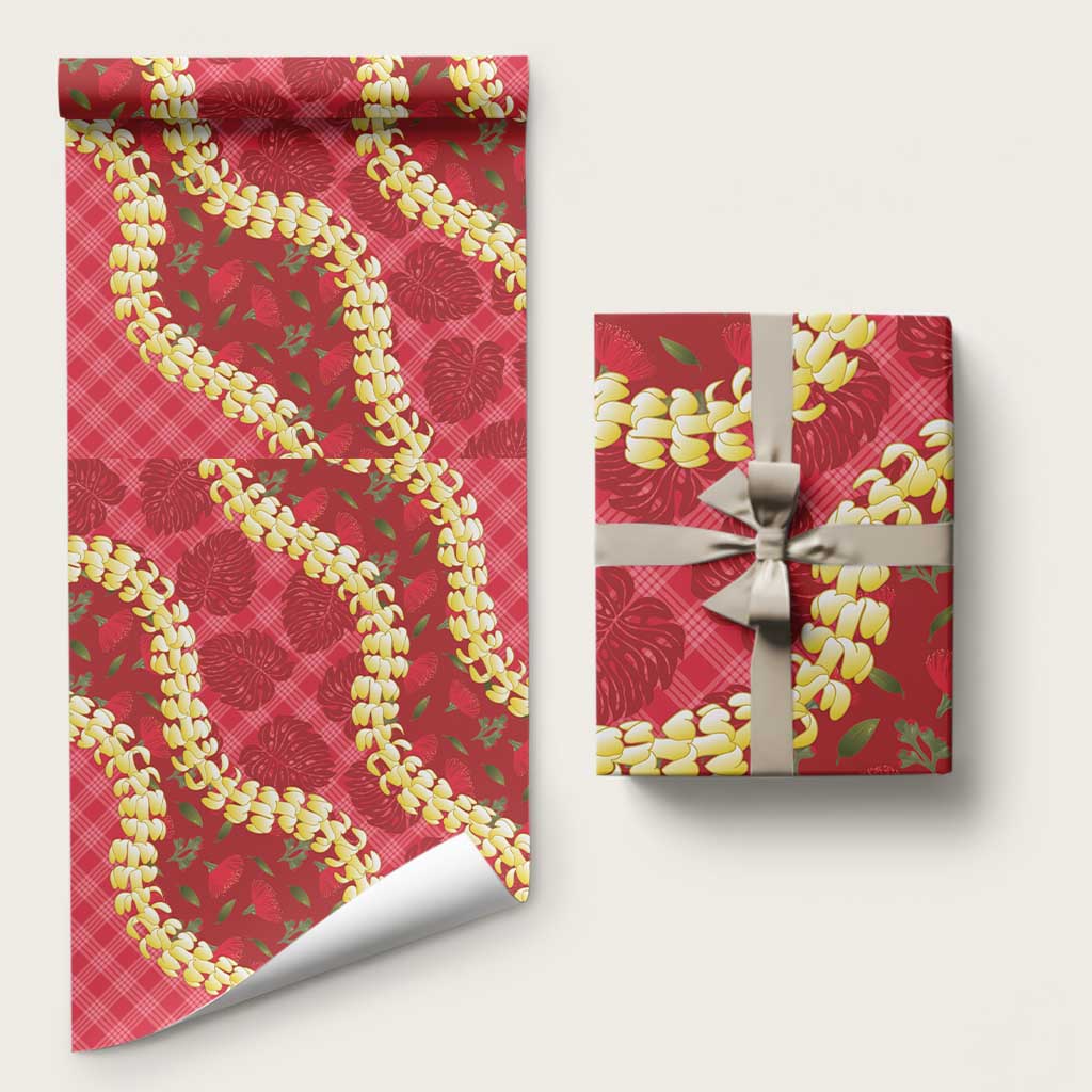 Red Palaka Hawaii Mele Kalikimaka Wrapping Paper Ohia Lehua Monstera Puakenikeni Lei LT14 58" × 23" Red - Polynesian Pride