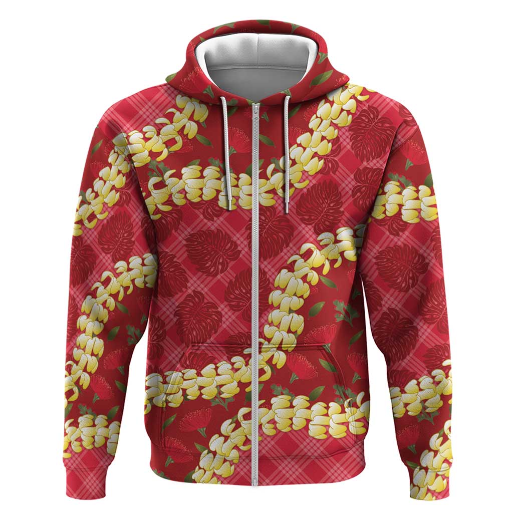 Red Palaka Hawaii Mele Kalikimaka Zip Hoodie Ohia Lehua Monstera Puakenikeni Lei LT14 Zip Hoodie Red - Polynesian Pride