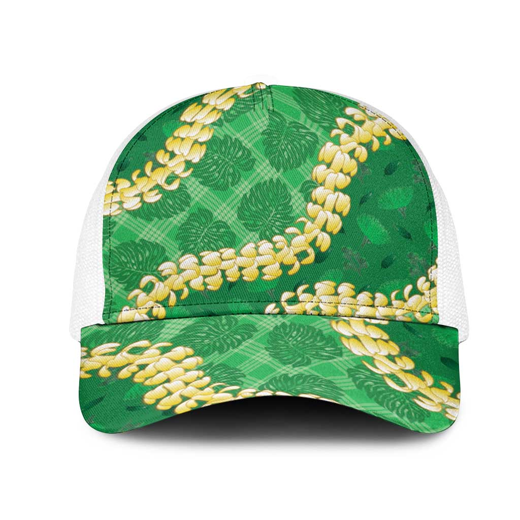 Green Palaka Hawaii Mele Kalikimaka Mesh Trucker Cap Ohia Lehua Monstera Puakenikeni Lei LT14 One Size White Green - Polynesian Pride
