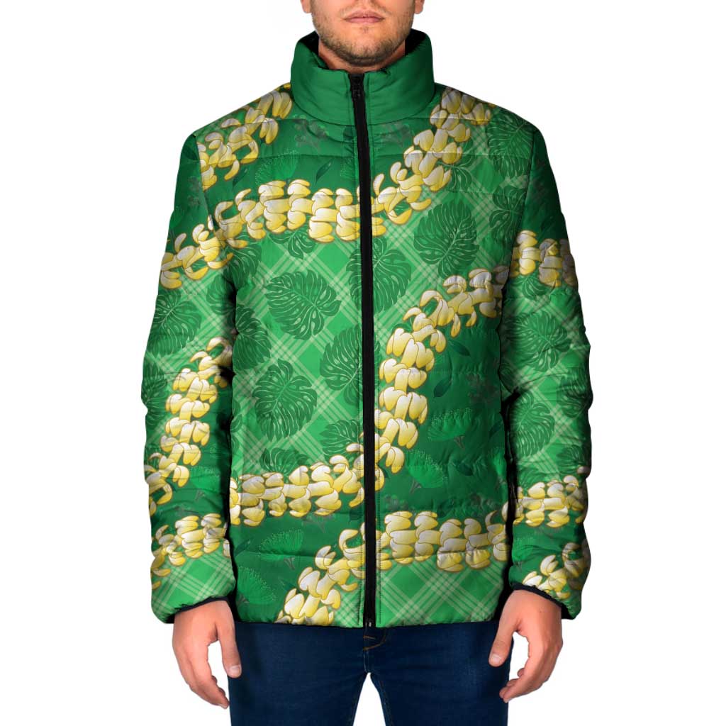 Green Palaka Hawaii Mele Kalikimaka Padded Jacket Ohia Lehua Monstera Puakenikeni Lei LT14 Men Green - Polynesian Pride
