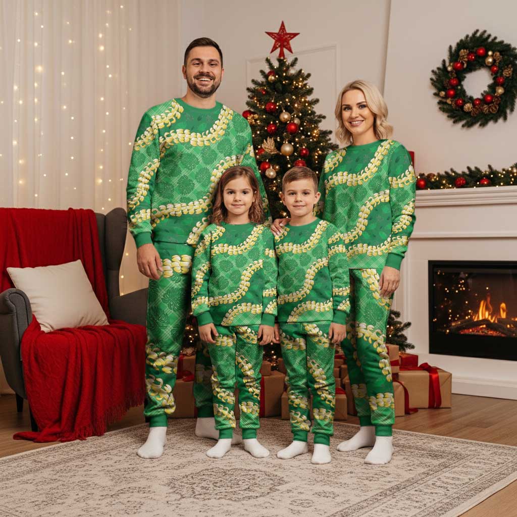Green Palaka Hawaii Mele Kalikimaka Christmas Pajama Set Ohia Lehua Monstera Puakenikeni Lei LT14 - Polynesian Pride