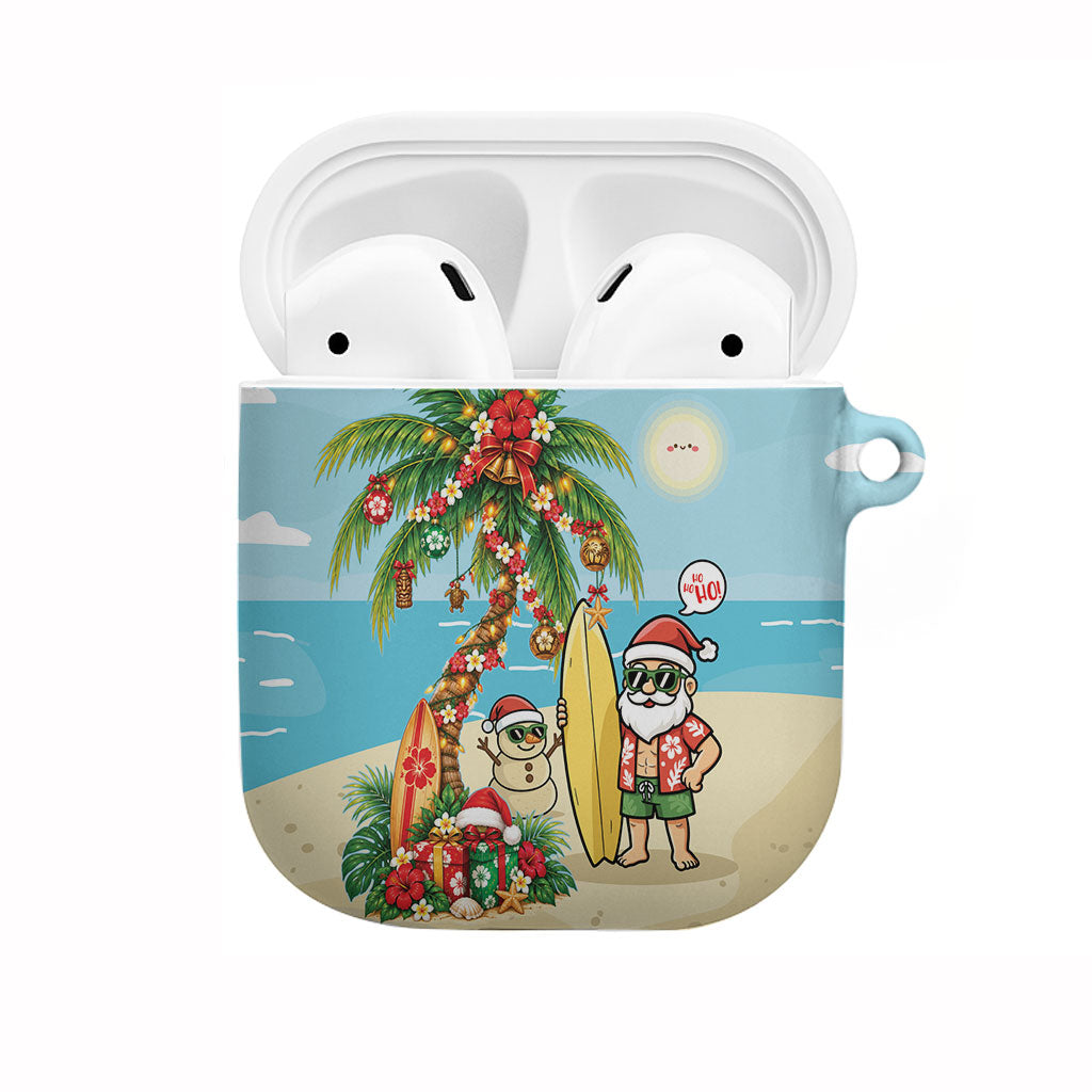 Hawaii Christmas Mele Kalikimaka AirPods Case Festive Palm Chilling Santa With Surfboard LT14 Blue - Polynesian Pride