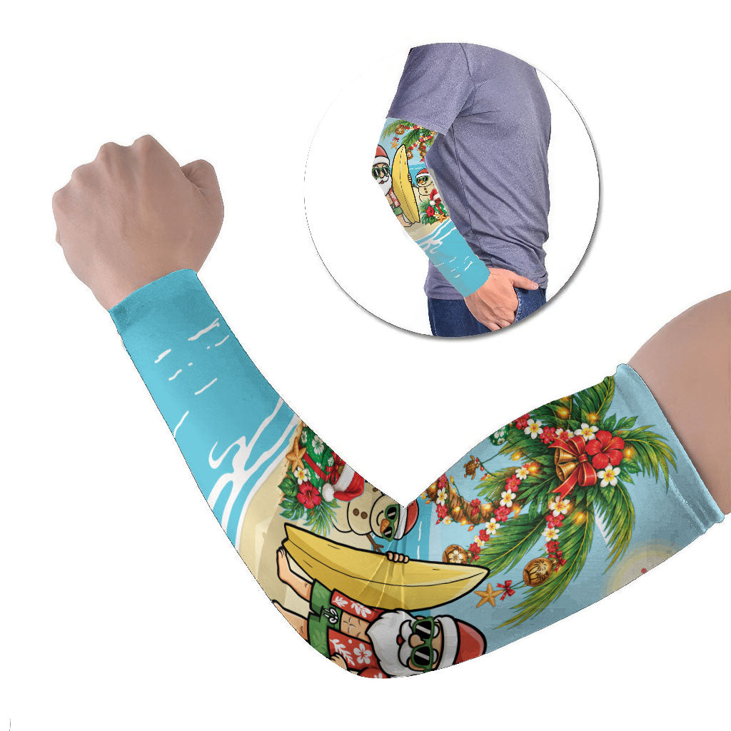 Hawaii Christmas Mele Kalikimaka Arm Sleeves Festive Palm Chilling Santa With Surfboard LT14 Set of 2 Blue - Polynesian Pride