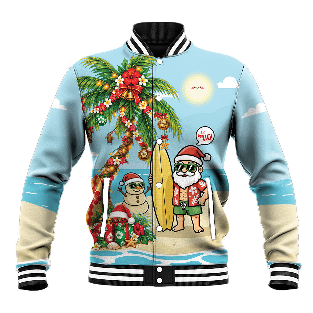 Hawaii Christmas Mele Kalikimaka Baseball Jacket Festive Palm Chilling Santa With Surfboard LT14 Unisex Blue - Polynesian Pride
