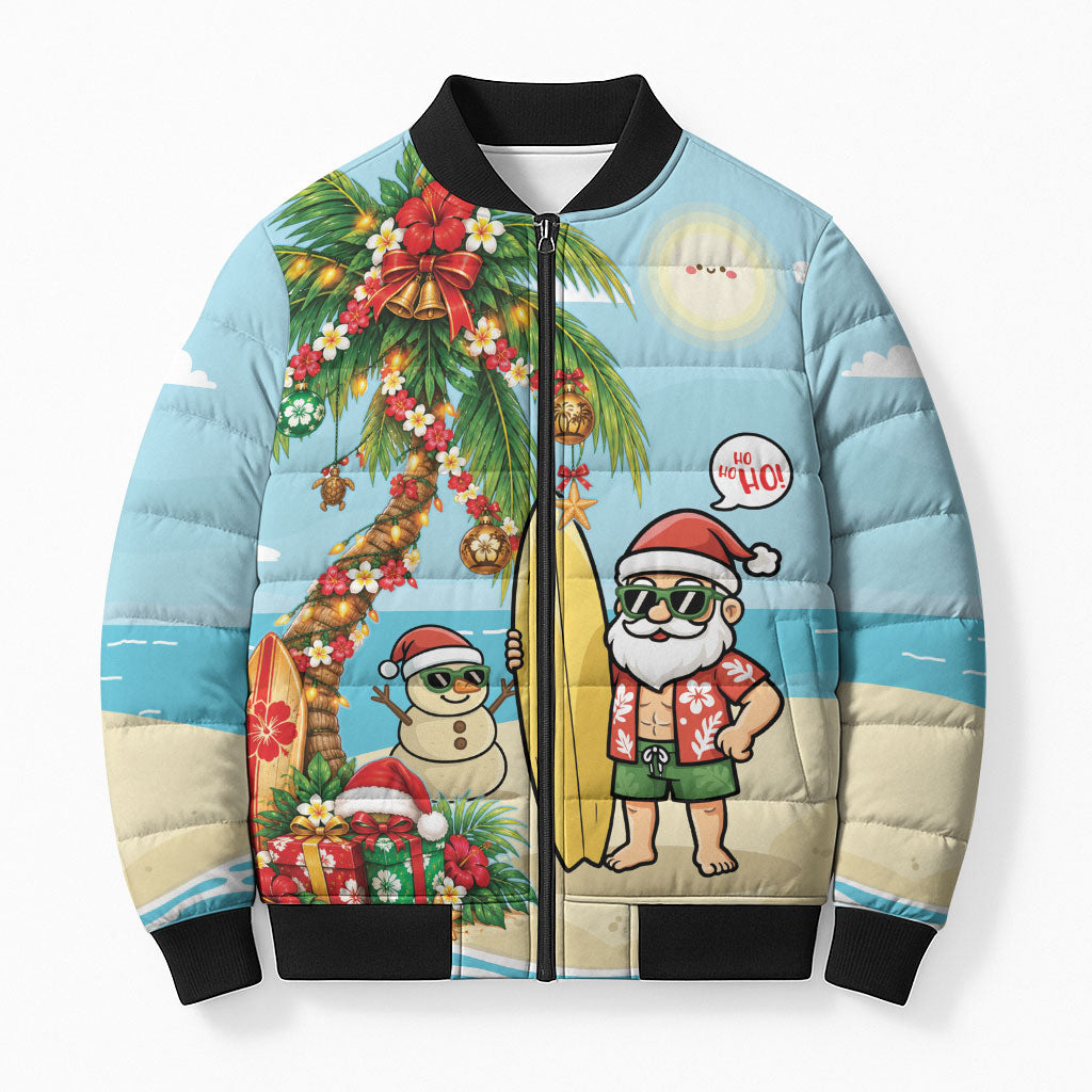 Hawaii Christmas Mele Kalikimaka Bomber Puffer Jacket Festive Palm Chilling Santa With Surfboard LT14 Unisex Blue - Polynesian Pride