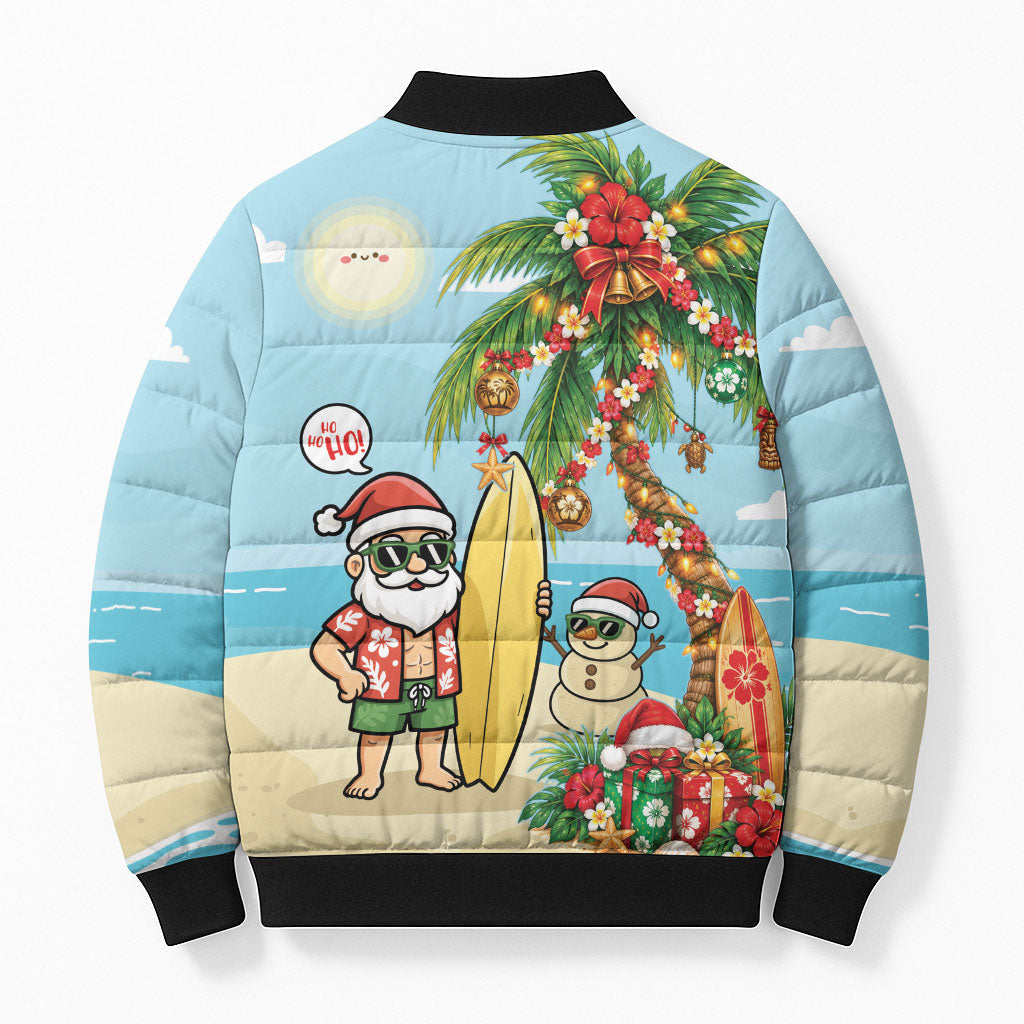 Hawaii Christmas Mele Kalikimaka Bomber Puffer Jacket Festive Palm Chilling Santa With Surfboard LT14 - Polynesian Pride