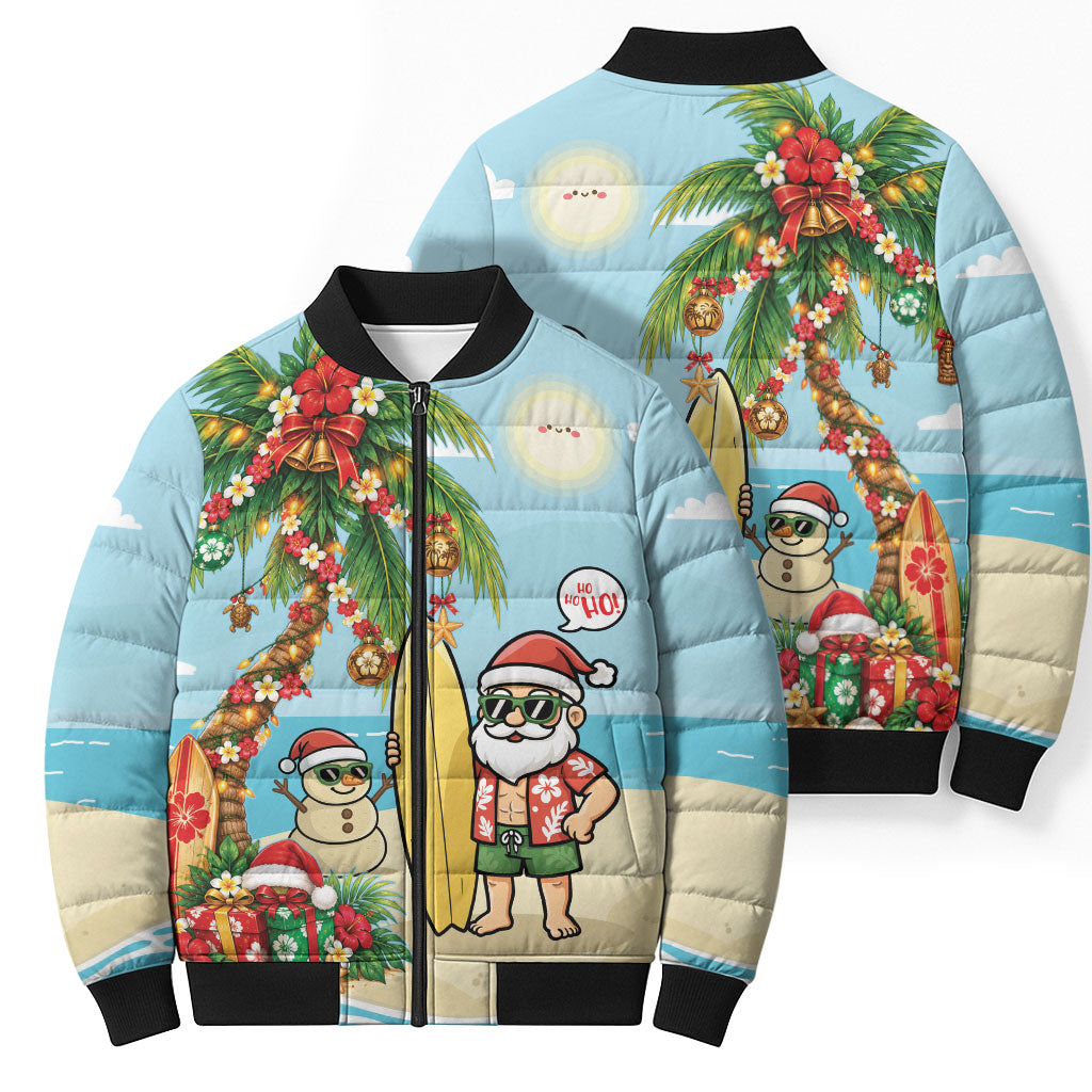 Hawaii Christmas Mele Kalikimaka Bomber Puffer Jacket Festive Palm Chilling Santa With Surfboard LT14 - Polynesian Pride